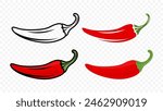 Cartoon Red Hot Chili Pepper Icon Set Closeup, Isolated. Hand Drawn Spicy Chili Pepper, Vector Illustration