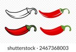 Cartoon Red Hot Chili Pepper Icon Set Closeup, Isolated. Hand Drawn Spicy Chili Pepper, Vector Illustration