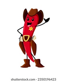 Cartoon red hot chili pepper sheriff character. Isolated vector spicy plant, Wild West policeman embodies spice and authority with a Western twist, ready to add a fiery kick to any culinary adventure