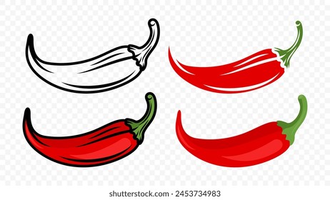 Cartoon Red Hot Chili Pfeffer Icon Set Nahaufnahme, isoliert. Handgezeichneter würziger Chilipfeffer, Vektorillustration