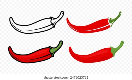 Cartoon Red Hot Chili Pepper Icon Set Closeup, Isolated. Hand Drawn Spicy Chili Pepper, Vector Illustration