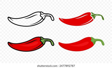 Cartoon Red Hot Chili Pepper Icon Set Closeup, Isolated. Hand Drawn Spicy Chili Pepper, Vector Illustration