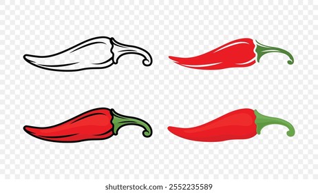 Cartoon Red Hot Chili Pepper Icon Set Closeup, Isolated. Hand Drawn Spicy Chili Pepper, Vector Illustration