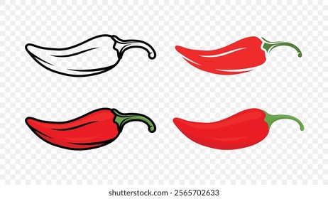 Cartoon Red Hot Chili Pepper Icon Set Closeup, Isolated. Hand Drawn Spicy Chili Pepper, Vector Illustration