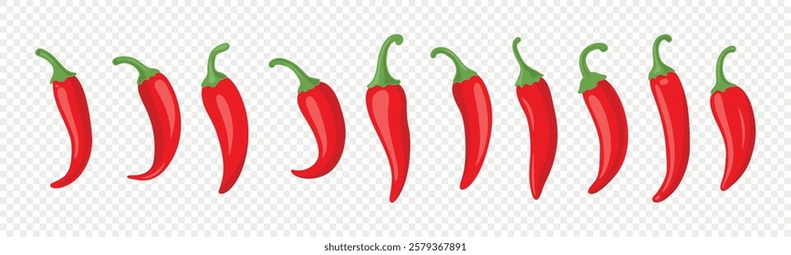 Cartoon Red Hot Chili Pepper Icon Set Closeup, Isolated. Hand Drawn Spicy Chili Pepper, Vector Illustration