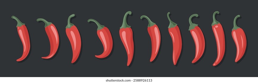 Cartoon Red Hot Chili Pepper Icon Set Closeup, Isolated. Hand Drawn Spicy Chili Pepper, Vector Illustration