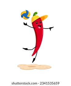 Cartoon red hot chilli pepper playing with ball on beach during summer vacation. Isolated vector guindilla personage enjoying volleyball outdoor sparetime activities at coastal resort or sea holidays