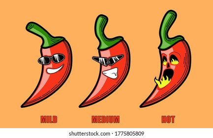 Cartoon red hot chilli peppers mild medium hot. vector illustration