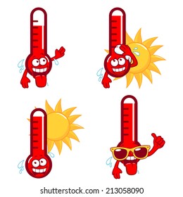 Cartoon red hot thermometer characters. Cartoon funny thermometers indicating very hot temperature in summer. Vector illustration