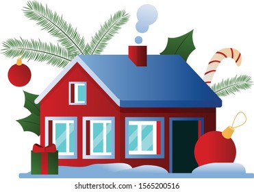 Cartoon red house with blue roof and Christmas decorations. Flat vector illustration.