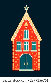 Cartoon red house with festive Christmas decor. Cozy Christmas Village. Cute whimsical building with bell. Scandinavian style architecture. Flat vector illustration.