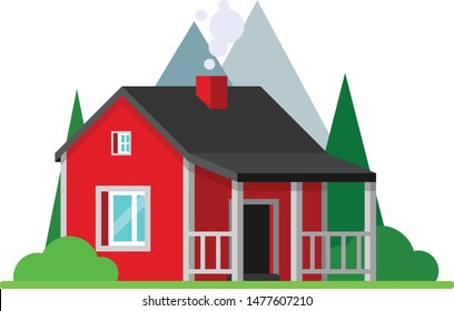 Cartoon red house with a porch and black roof. Flat vector illustration.