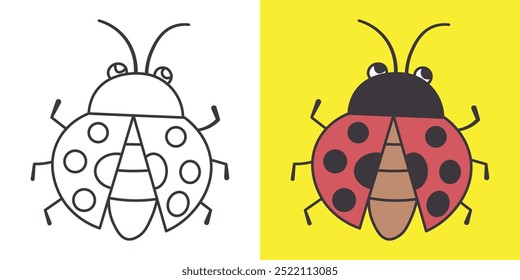 desenho animado inseto vermelho, livro de colorir crianças. Livro de colorir com fotos de insetos de desenhos animados fofos. Ilustração vetorial com fundo colorido.