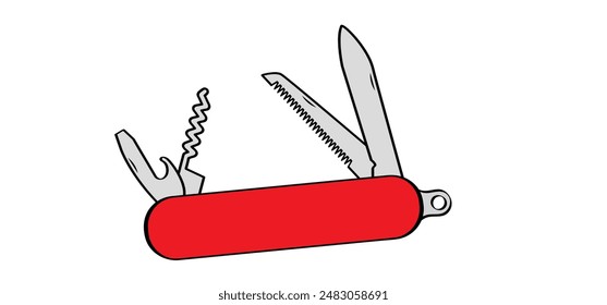 Cartoon red jackknife multitool, tools. Pen knife icon. Clasp knife sign. Corkscrew or bottle screw, knifes, saw, screwdriver and bottle opener. survival, travel, picnic, camping tool. Pocketknife.