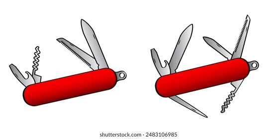 Cartoon red jackknife multitool, tools. Pen knife icon. Clasp knife sign. Corkscrew or bottle screw, knifes, saw, screwdriver and bottle opener. survival, travel, picnic, camping tool. Pocketknife.