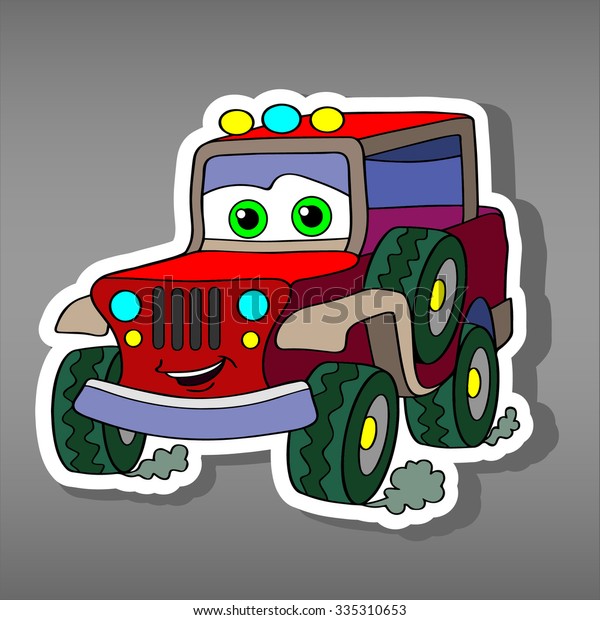 Cartoon\
red jeep sticker for boys.Vector illustration of doodle army car\
for scrapbook.Transportation Doodle Background. Funny smile car\
icon. Comic character for kids on grey\
background