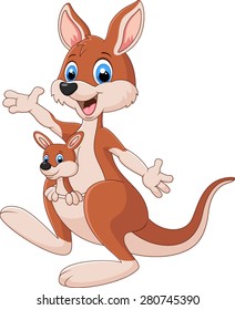 Cartoon red kangaroo carrying a cute Joey. vector illustration