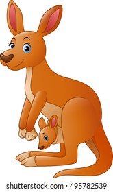 Cartoon red kangaroo carrying a cute Joey