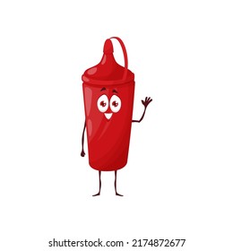 Cartoon Red Ketchup Bottle Character. Funny Vector Spicy Condiment Mascot, Smiling Catsup Tube, Container With Squirt Nozzle Waving Hand. Cute Catchup Seasoning Personage Isolated On White Background