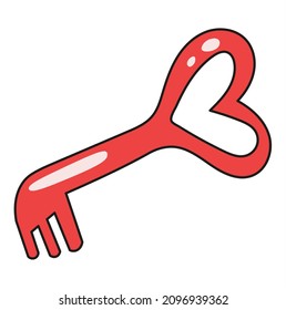Cartoon red key in the shape of a heart. Valentine's Day theme doodle vector icon hand drawn key with heart shape on transparent background. Isolated vector single design element.