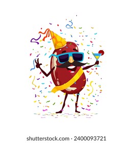 Cartoon red kidney bean character on holiday and birthday. Isolated vector cheerful seed celebrating party, holding cocktail in fun and lively atmosphere with friends, laughter and festive decorations