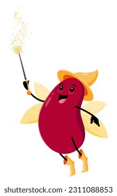 Cartoon red kidney bean fairy character. Funny vector winged pixie legume or haricot seed with mischievous expression wear fantasy outfit holding wand. Whimsical fantasy personage with smiling face