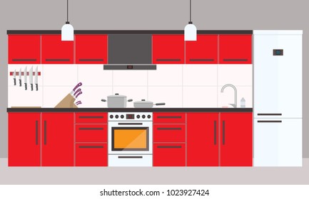 Cartoon red kitchen interior with fridge, oven and cooking appliances