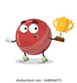 cartoon red leather cricket ball mascot holds the number one cup on white background
