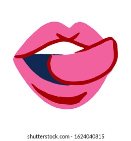 Cartoon red lips icon isolated on white background. Sexy woman's Half-open mouth, licking, tongue sticking out, conversation. Vector illustration