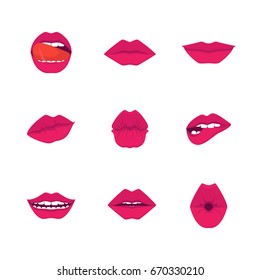 Cartoon Red Lips Icons Set Beauty Makeup Lipstick, Symbol Sexy and Love Flat Style Design. Vector illustration