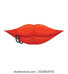 Cartoon red lips showing piercing ring, isolated on white background