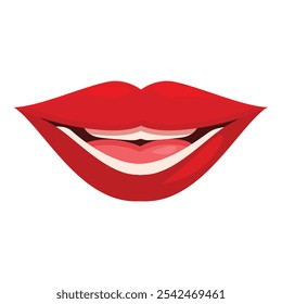 Cartoon red lips showing teeth smiling mouth open vector illustration isolated on white background
