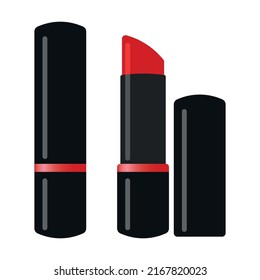 Cartoon Red Lipstick in Black Tube for Make-Up Icon Clipart Logo Vector in Isolated White Background Illustration Image