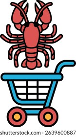 A cartoon of a red lobster on top of a blue shopping cart. The lobster is looking up at the camera