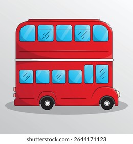 Cartoon red London double decker bus illustration. Vehicle passenger transportation. Side view flat bus tourist coach for city excursion.

