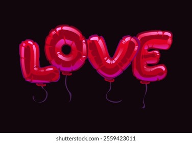 Cartoon red love balloons spelling the word love for Valentine Day or wedding celebration. Vector vibrant letters floating in air convey romance, joy and festivity for dating or special occasion event