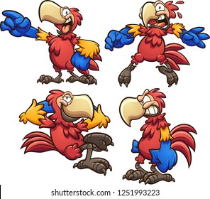 Cartoon red macaw in different poses. Vector clip art illustration with simple gradients. Each on a separate layer.
