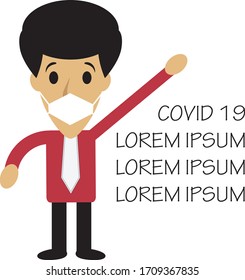 Cartoon red man, COVID-19 Coronavirus warning sign with sample text, character wearing mask on face to prevent the virus contamination.