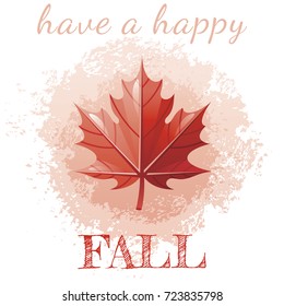 Cartoon red maple leaf. Autumn grunge splash design, seasonal greeting card. Hello fall poster. Holiday banner. Beautiful nature icon, white background isolated, vector illustration flyer.