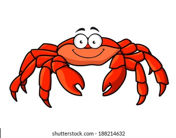 Cartoon red marine crab with big pincer claws and a happy smile, isolated on white