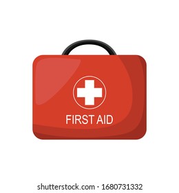 Cartoon red medical firs aid kit, ambulance emergency box. vector illustration