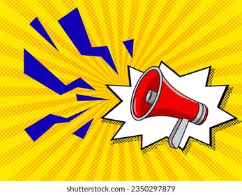 Cartoon red megaphone. Vintage pop art vector illustration