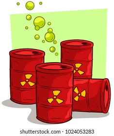 Cartoon red metal barrels with yellow radiation sign and green gas bubbles. Toxic waste. Vector set icon.
