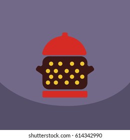 Cartoon red metal pan with the lid closed on a gas stove. Vector image kitchen pan in the fire. Stock vector illustration