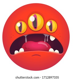 Cartoon red monster face avatar with three eyes. Vector illustration