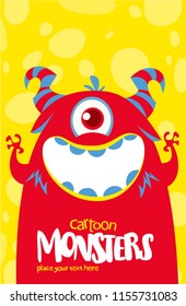 Cartoon red monster. Halloween vector illustration of excited monster. Design for package, sticker, print or party decoration