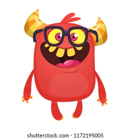 Cartoon red monster nerd wearing glasses. Vector illustration isolated
