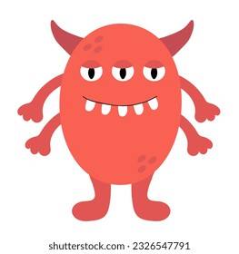 Cartoon red monster toothy. Kids character design for poster, baby products logo and packaging. Vector flat illustration.