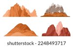 Cartoon red mountains. Rocky range and peak, outdoor hiking, nature landscape mountain silhouette flat vector illustration set on white background