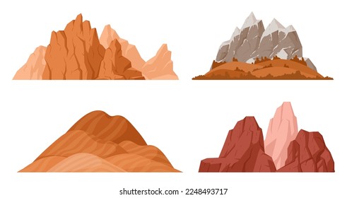 Cartoon red mountains. Rocky range and peak, outdoor hiking, nature landscape mountain silhouette flat vector illustration set on white background